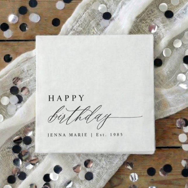 Guardanapo De Papel Roteiro de Aniversário Feliz Simples e Elegante Mo (Black and white personalized happy birthday script party napkins)
