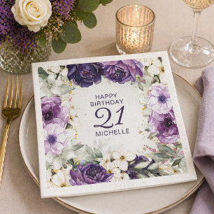 Guardanapo De Papel Roxo Branco Floral Feliz Aniversário Nome Idade