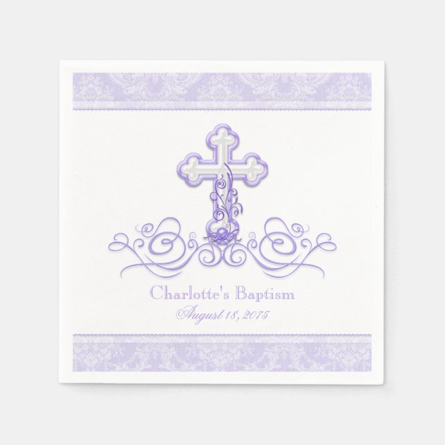 Guardanapo De Papel Roxo Damask Cross Girls Baptism Comunhão Napkin (Frente)