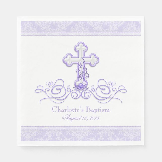 Guardanapo De Papel Roxo Damask Cross Girls Baptism Comunhão Napkin (Frente)