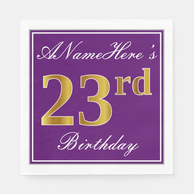 Guardanapo De Papel Roxo Elegante, Faux Dourado 23º Aniversário + Nome (Frente)