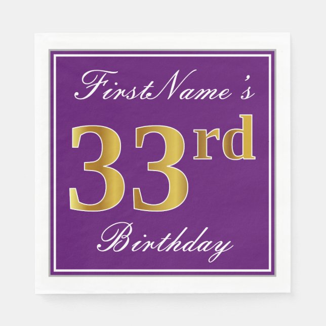 Guardanapo De Papel Roxo Elegante, Faux Dourado 33º Aniversário + Nome (Frente)