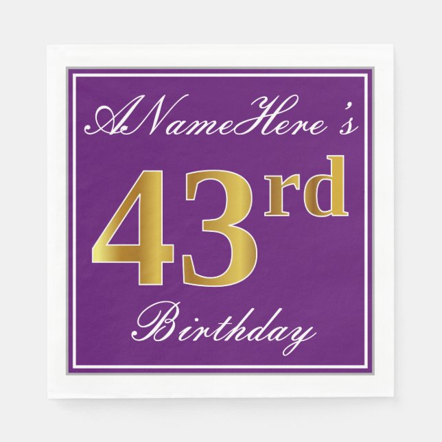 Guardanapo De Papel Roxo Elegante, Faux Dourado 43º Aniversário + Nome (Frente)