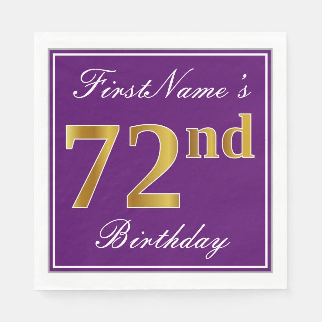 Guardanapo De Papel Roxo Elegante, Faux Dourado 72º Aniversário + Nome (Frente)
