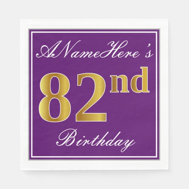 Guardanapo De Papel Roxo Elegante, Faux Dourado 82º Aniversário + Nome (Frente)