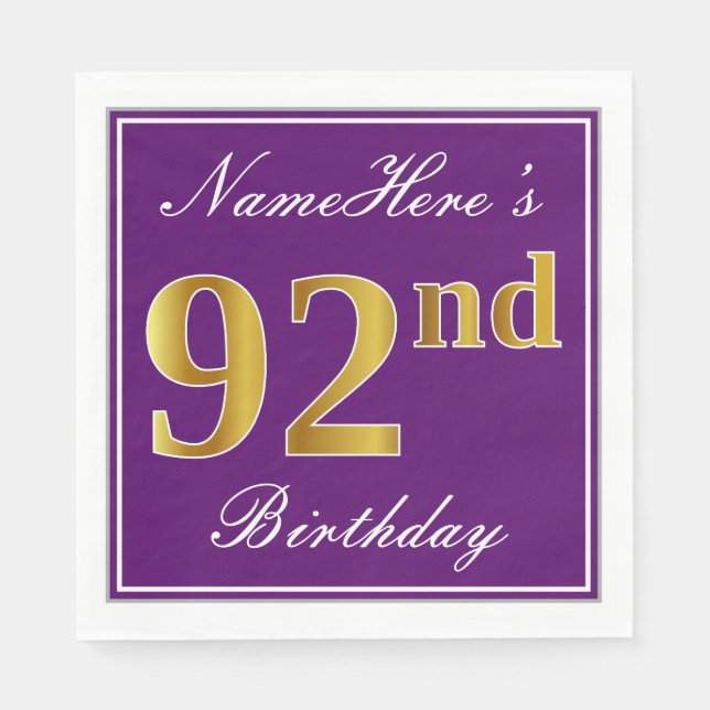 Guardanapo De Papel Roxo Elegante, Faux Dourado 92º Aniversário + Nome (Frente)