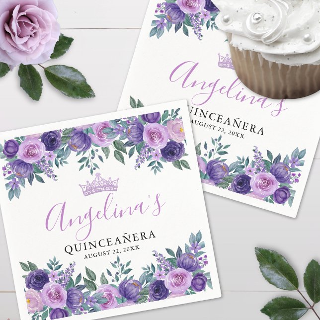 Guardanapo De Papel Roxo Floral Quinceanera (Floral Purple Quinceanera Napkins)