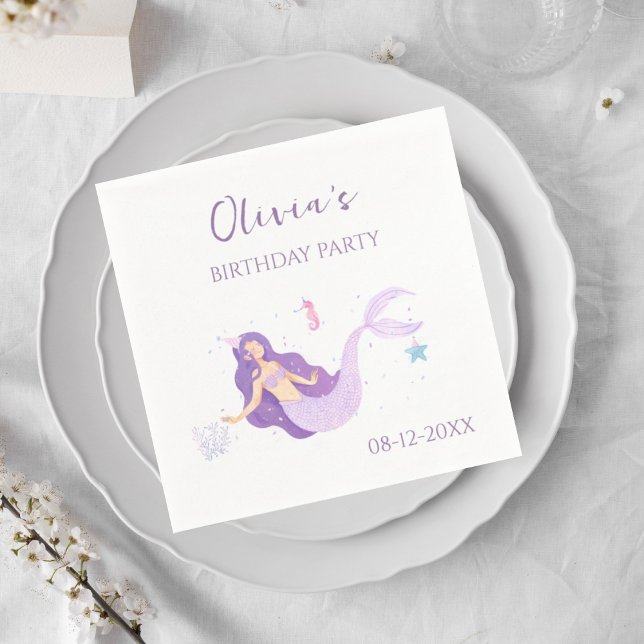Guardanapo De Papel Roxo Sereia Meninas Personalizadas Aniversário Nap (Criador carregado)