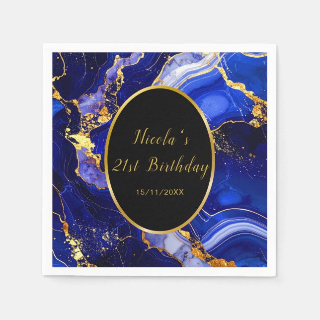 Guardanapo De Papel Royal Blue and Gold Marble Agate Birthday Party (Frente)