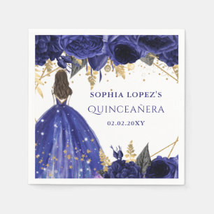 Guardanapo De Papel Royal Blue Dourado Princesa Floral Quinceanera