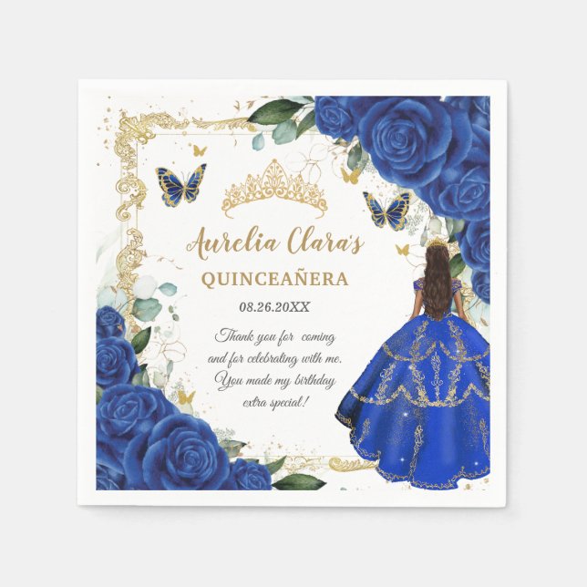 Guardanapo De Papel Royal Blue Floral Princess Gold Quinceañera 15 (Frente)