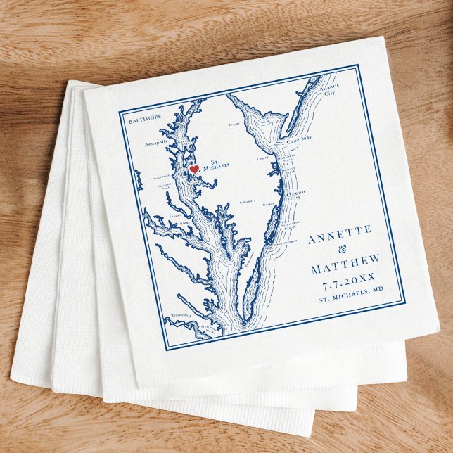 Guardanapo De Papel Rua. Michael MD Map Elegante Marinho Casamento Azu (St Michaels Maryland Map Wedding Napkins for an elegant navy blue Saint Michaels Wedding )