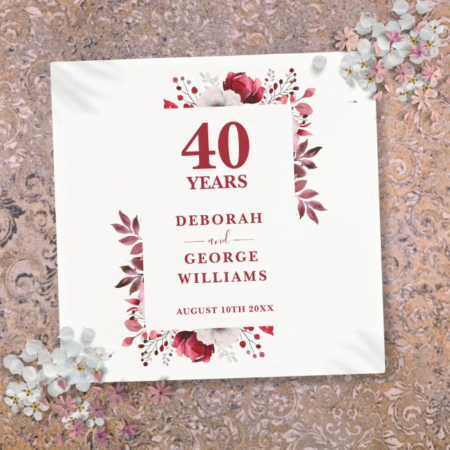 Guardanapo De Papel Ruby Elegant Floral 40º Aniversário de Casamento (Ruby Elegant Floral 40th Wedding Anniversary Napkins)