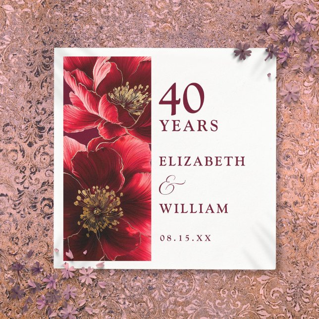 Guardanapo De Papel Ruby Red Elegant Modern Floral 40º Aniversário (Ruby Red Elegant Modern Floral 40th Anniversary Napkins)