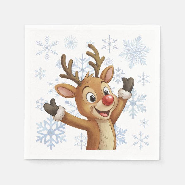 Guardanapo De Papel Rudolph Com Flocos de Neve Azuis (Frente)