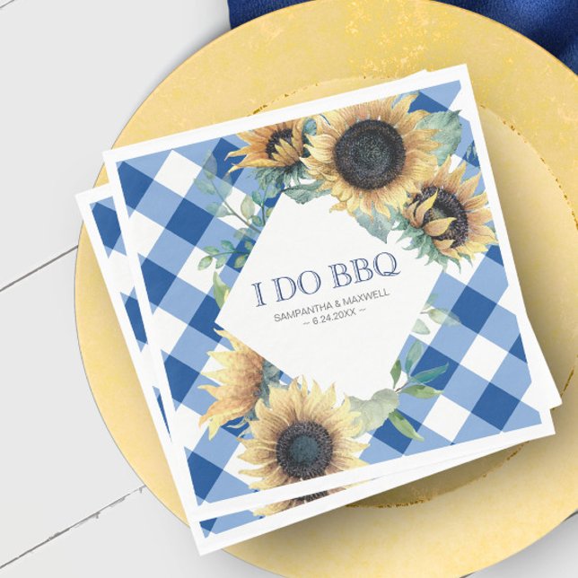 Guardanapo De Papel Russo Country Sunflower e Blue Gingham I Do CHURRA (wedding I do bbq napkins sunflower blue gingham)