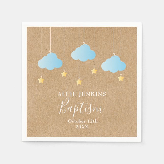 Guardanapo De Papel Rustic Baby Boy Baptism Christening Twinkle Stars (Frente)