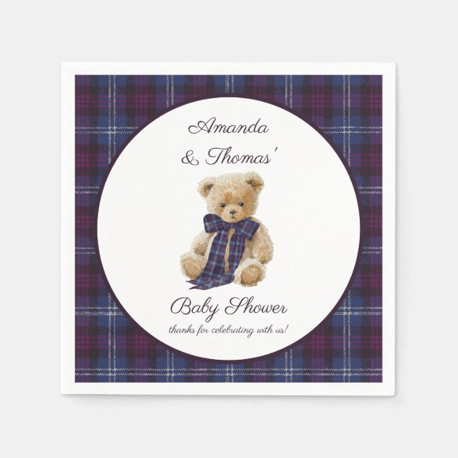 Guardanapo De Papel Rustic Bear Purple Bow Baby Shower  (Frente)