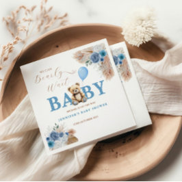 Guardanapo De Papel Rustic Blue Teddy Bear Baby Shower Florals Balloon