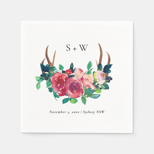 Guardanapo De Papel Rustic Boho Floral Stag Antlers Casamento Monogram (Frente)