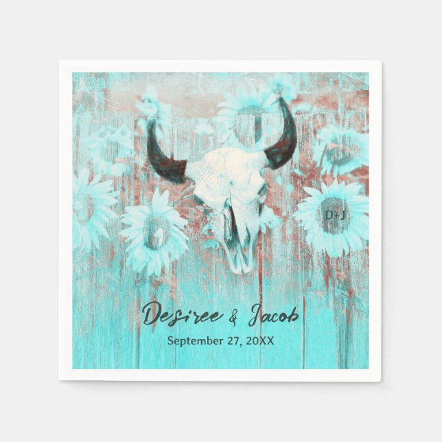 Guardanapo De Papel Rustic Boho Teal Western Sunflower Bull Crânio (Frente)