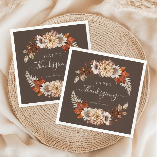 Guardanapo De Papel Rustic Brown Fall Floral Happy Ação de Graças (Rustic Brown Fall Floral Happy Thanksgiving Napkins)