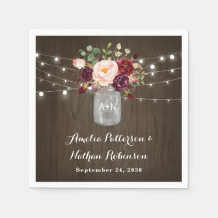 Guardanapo De Papel Rustic Burgundy Blush Floral Mason Jar Wedding
