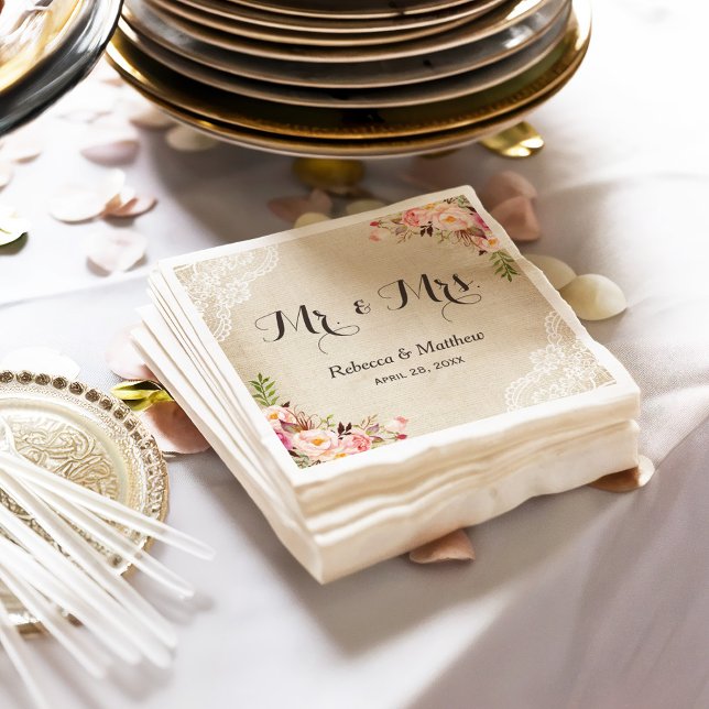 Guardanapo De Papel Rustic Burlap Lace Floral Sr. e Sra. Wedding (Criador carregado)