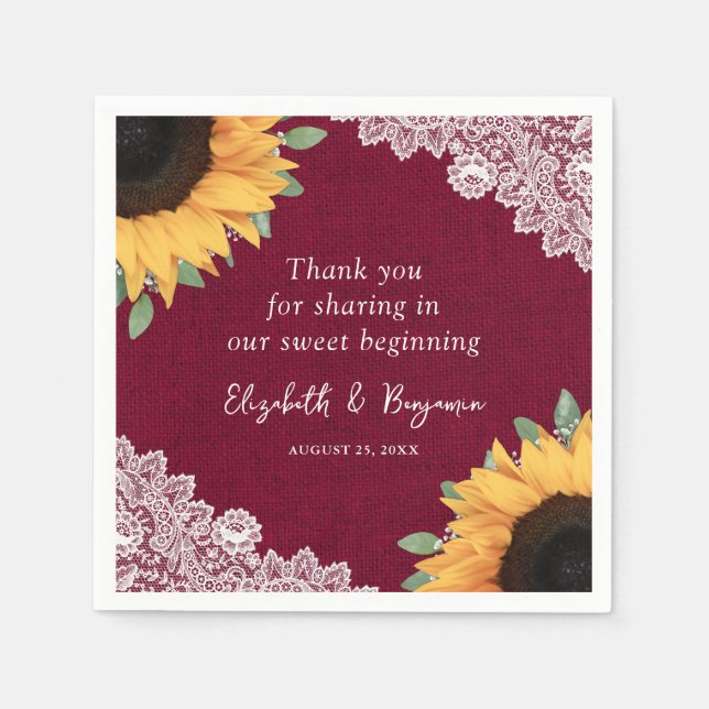 Guardanapo De Papel Rustic Burlap Lace Sunflower e Burgundy Casamento (Frente)