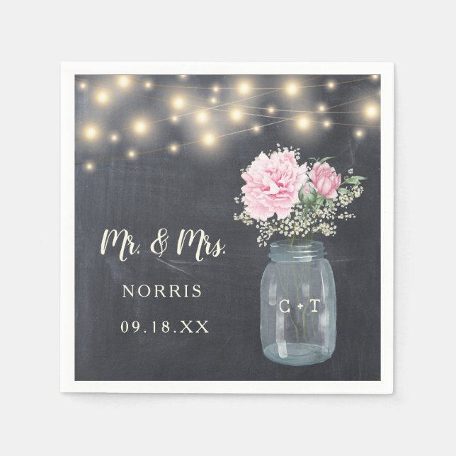Guardanapo De Papel Rustic Chalkboard Peony Floral Mason Jar | Casamen (Frente)