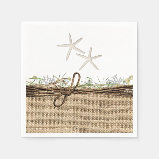 Guardanapo De Papel Rustic Coastal Beach Starfish Burlap & Greenery (Frente)