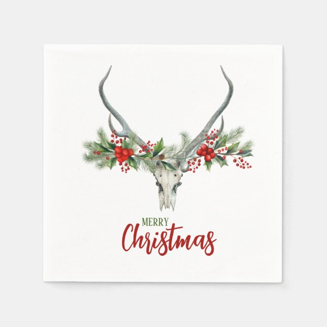 Guardanapo De Papel Rustic Country Reindeer Skull & Garland Natal (Frente)