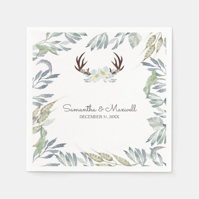 Guardanapo De Papel RUSTIC Deer Antler e Greenery, Azul (Frente)