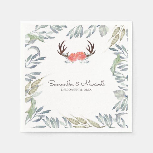 Guardanapo De Papel RUSTIC Deer Antler e Greenery, Peach (Frente)