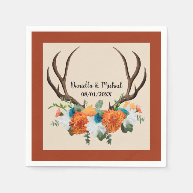 Guardanapo De Papel Rustic Floral Antlers BOHO Wedding (Frente)