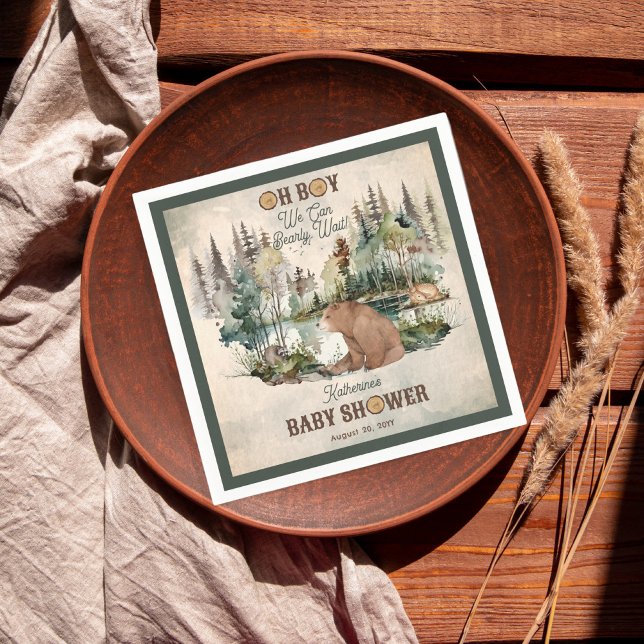 Guardanapo De Papel Rustic Forest Oh Boy Bearly Wait Baby Shower ("Oh Boy We Can Bearly Wait!" Rustic Woodland Bear and Forest Animals Baby Shower Paper Napkins)