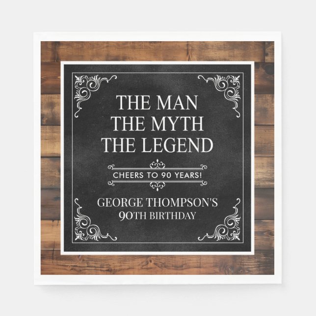 Guardanapo De Papel Rustic Man Myth Legend 90 Birthday Black (Frente)