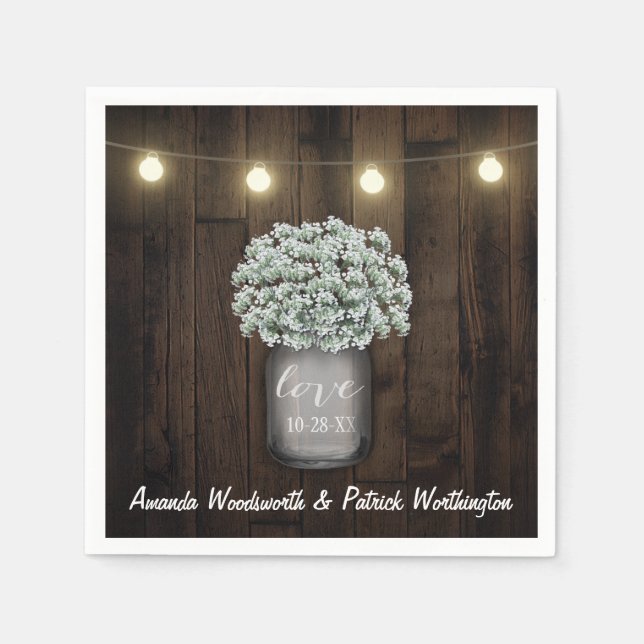 Guardanapo De Papel Rustic Mason Jar + Baby's Breath Wedding Napkins (Frente)
