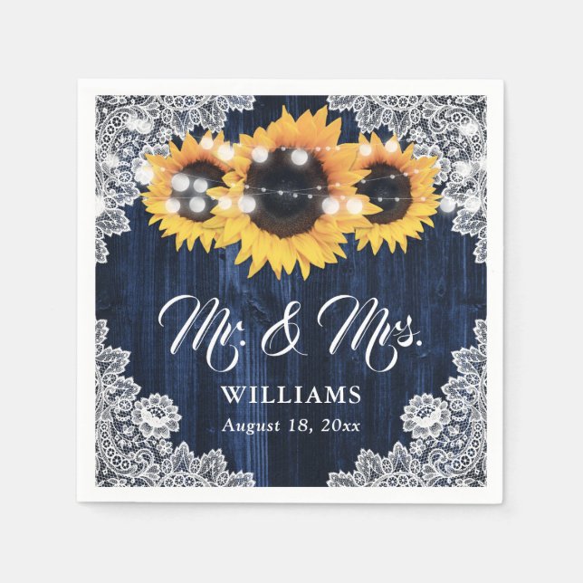 Guardanapo De Papel Rustic Navy Blue Sunflower Lace Mr and Mrs Wedding (Frente)