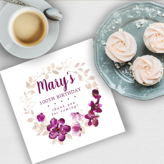 Guardanapo De Papel Rustic Purple Floral 100º Aniversário Obrigado (Criador carregado)