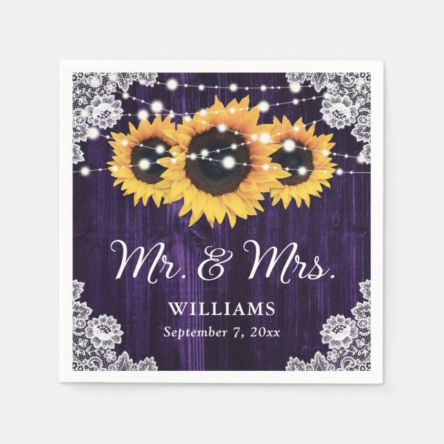 Guardanapo De Papel Rustic Purple Sunflower Mr e Sra. Wedding Napkins (Frente)