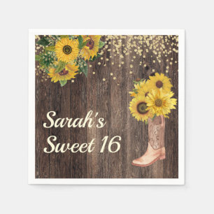Guardanapo De Papel Rustic Sunflower Boots Glitter Sweet 16 Aniversári