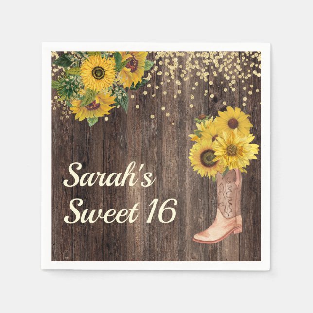 Guardanapo De Papel Rustic Sunflower Boots Glitter Sweet 16 Aniversári (Frente)