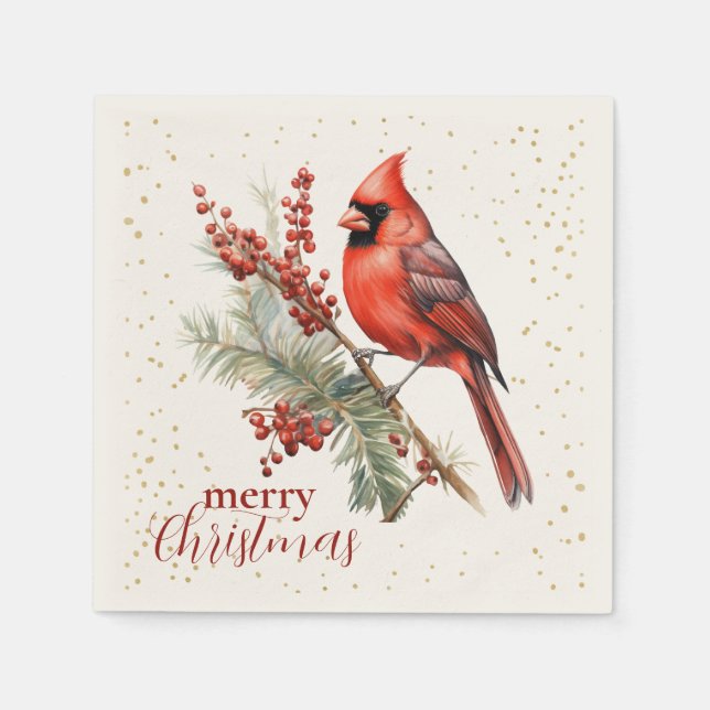 Guardanapo De Papel Rustic Watercolor Winter Cardinal Holly Branch (Frente)