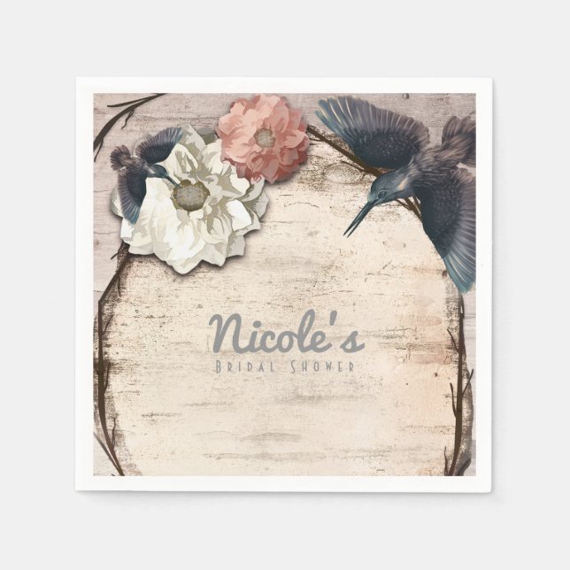 Guardanapo De Papel Rustic White Birch Floral & Hummingbird Elegant (Frente)