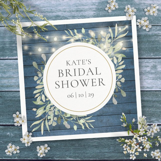 Guardanapo De Papel Rustic Wood String Luz Chá de panela Verde (Rustic Wood String Lights Greenery Bridal Shower Napkins)