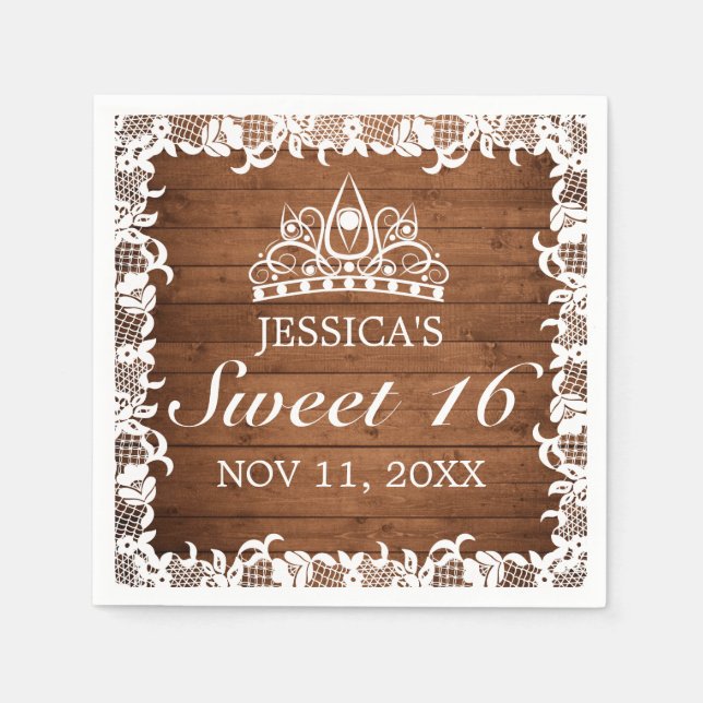 Guardanapo De Papel Rústica Madeira e rendas brancas Tiara Sweet 16 (Frente)