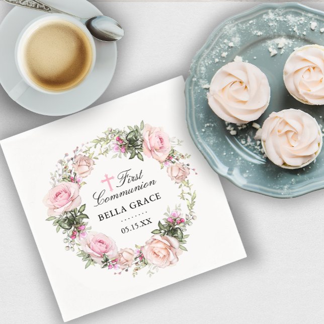 Guardanapo De Papel Rústica Rosa Rosa Rosa Floral Primeira Comunhão (Criador carregado)