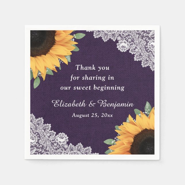 Guardanapo De Papel Rústico Burlap Lace Sunflower e Purple Weding (Frente)
