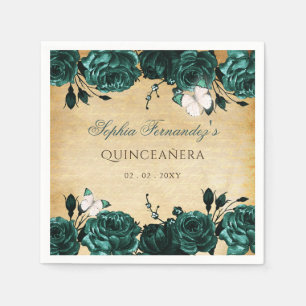 Guardanapo De Papel Rústico Vintage Floral Borboleta Verde Esmeralda